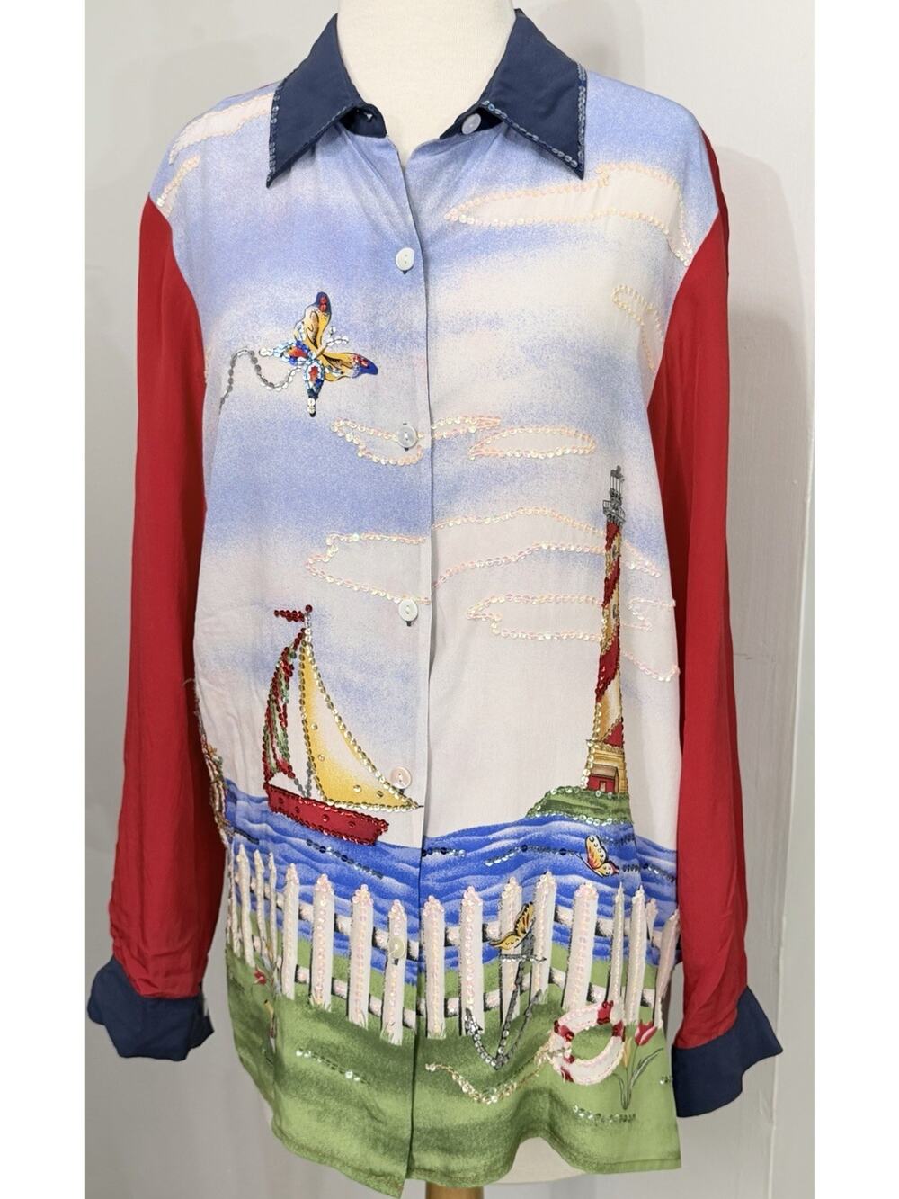 Quacker Factory 100% Silk Sailboat Lighthouse Sequin Embellished Blouse Sz Small